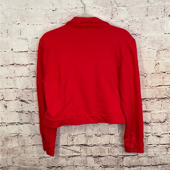 LuLaRoe Bright Red Cropped Moto Zip Jacket
Asymmetrical Zipper Pockets Size L - Picture 4 of 4